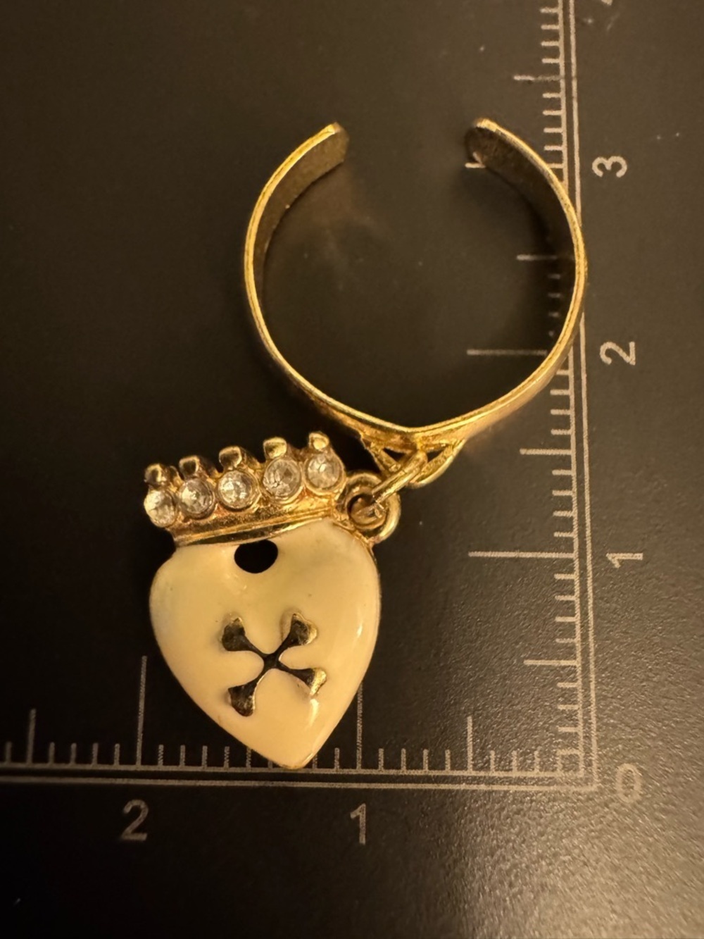 Gold-Tone Dangle Heart Crown Charm Ring with Creamy White Enamel